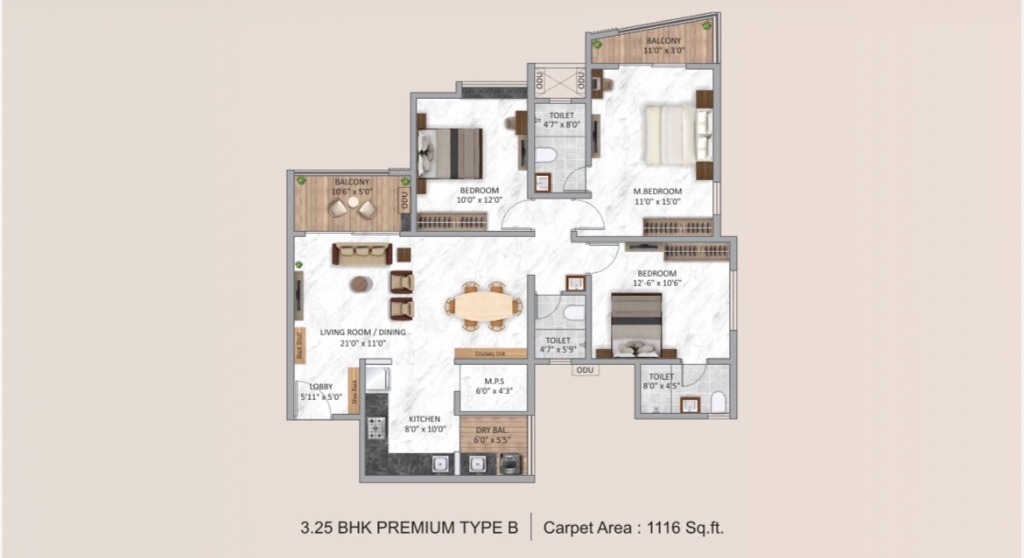 Krisala Aventis Tathawade 3 BHK Floor Plan — Spacious Configuration and Luxury Balcony Layout